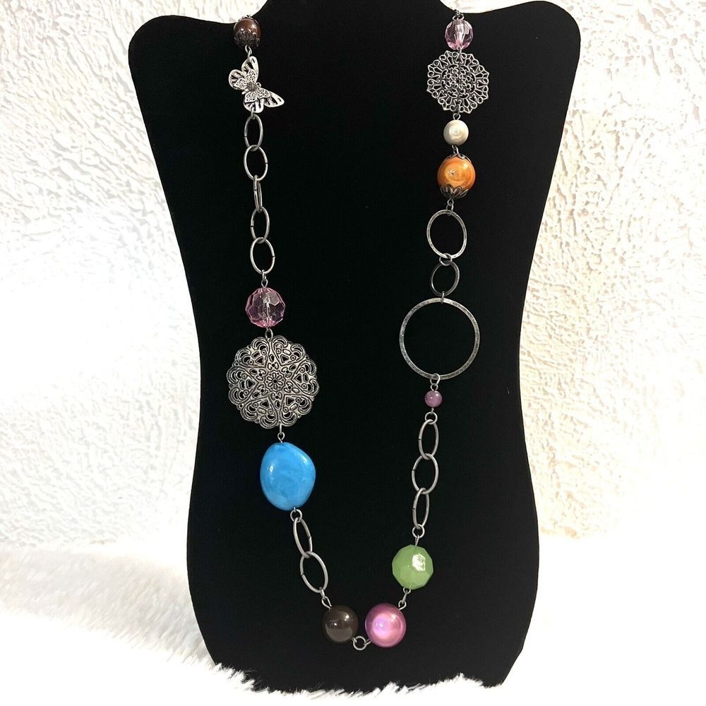 Decree Boho Gun Metal Long Station Necklace‎ Butterfly Filigree Beads 36 In NEW